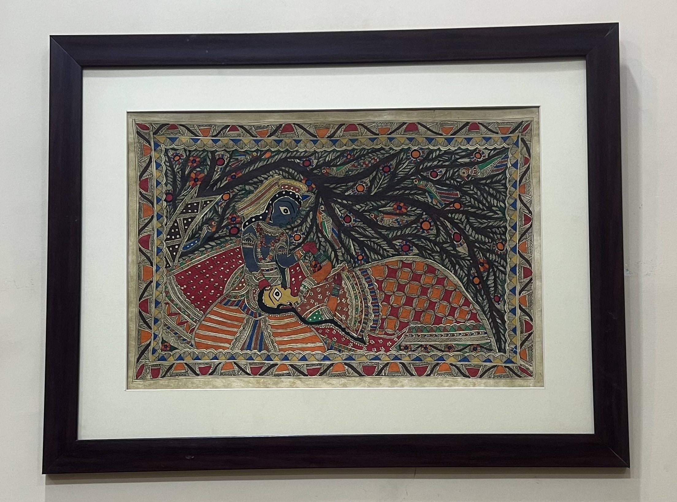 Handpainted Madhubani Art: Radha-Krishna under the Kadamba Tree